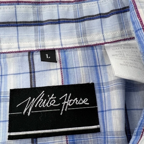 White Horse Mens Blue Plaid Western Pearl Snap Buttons Long Sleeve Shirt Large - Picture 8 of 11